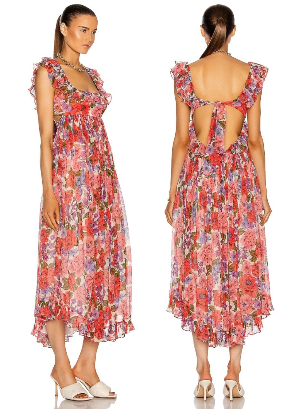 Zimmermann Poppy Frill Edge Midi Dress Crimson Floral Quiet Luxury Designer S